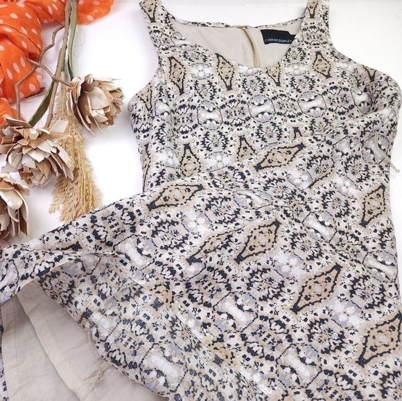 CYNTHIA ROWLEY Anthropologie Linen Cream Gray Print Dress Sz 4 - Picture 10 of 11